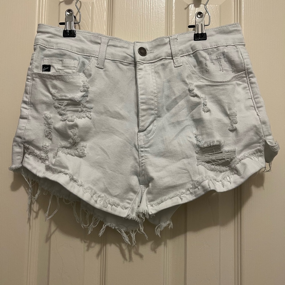 KanCan White Distressed High-Waist Denim Shorts